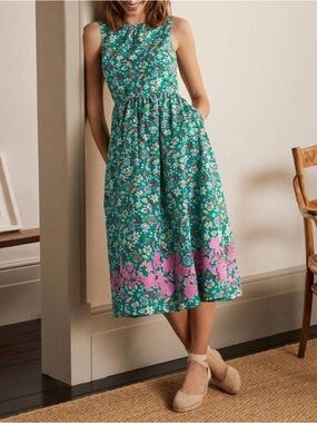 BODEN Sleeveless Floral Midi Dress in Green with Pink Border